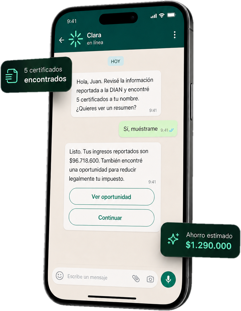Conversación con Clara por WhatsApp donde encuentra 5 certificados y un ahorro estimado de $1.290.000